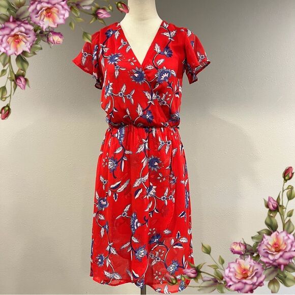 Japan short sleeve Floral Red fake Wrap Dress size extra small - Picture 1 of 13